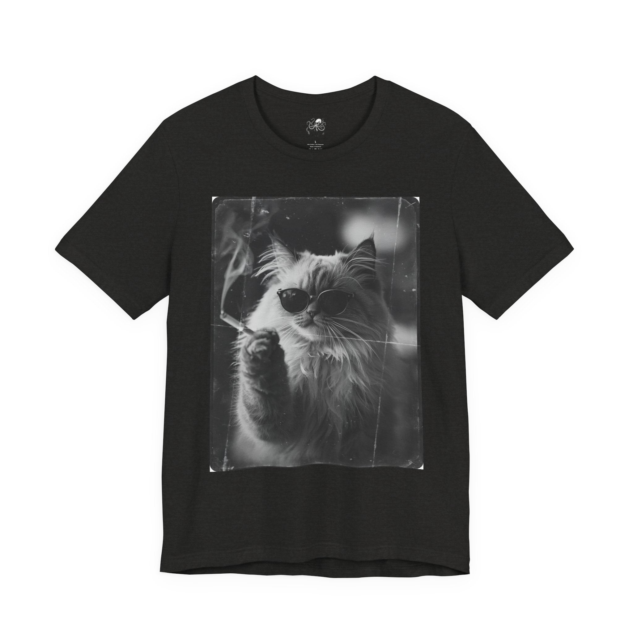 Smoking Cool Cat Portrait T-Shirt | Black & White Photo Cat Tee