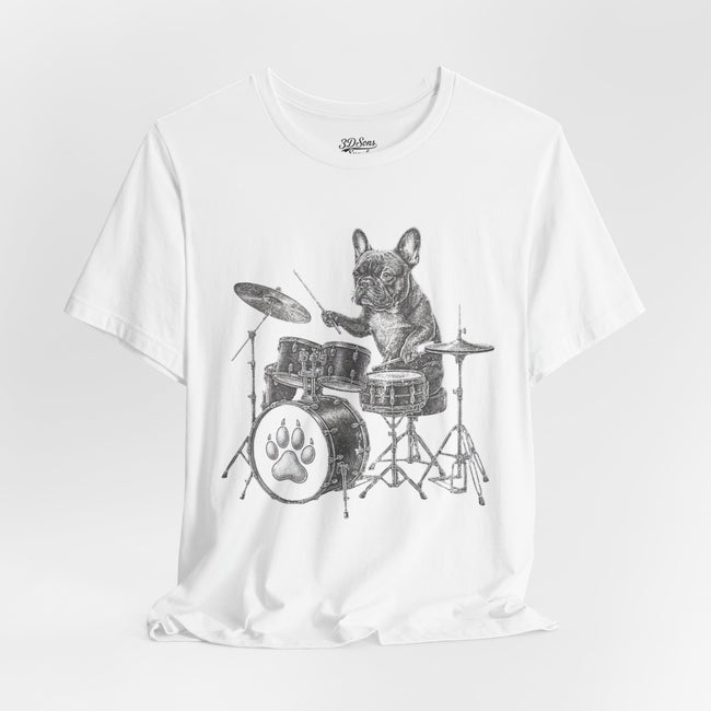 Drumming French Bulldog T-Shirt — Cute Dog Playing Drum Graphic Tee