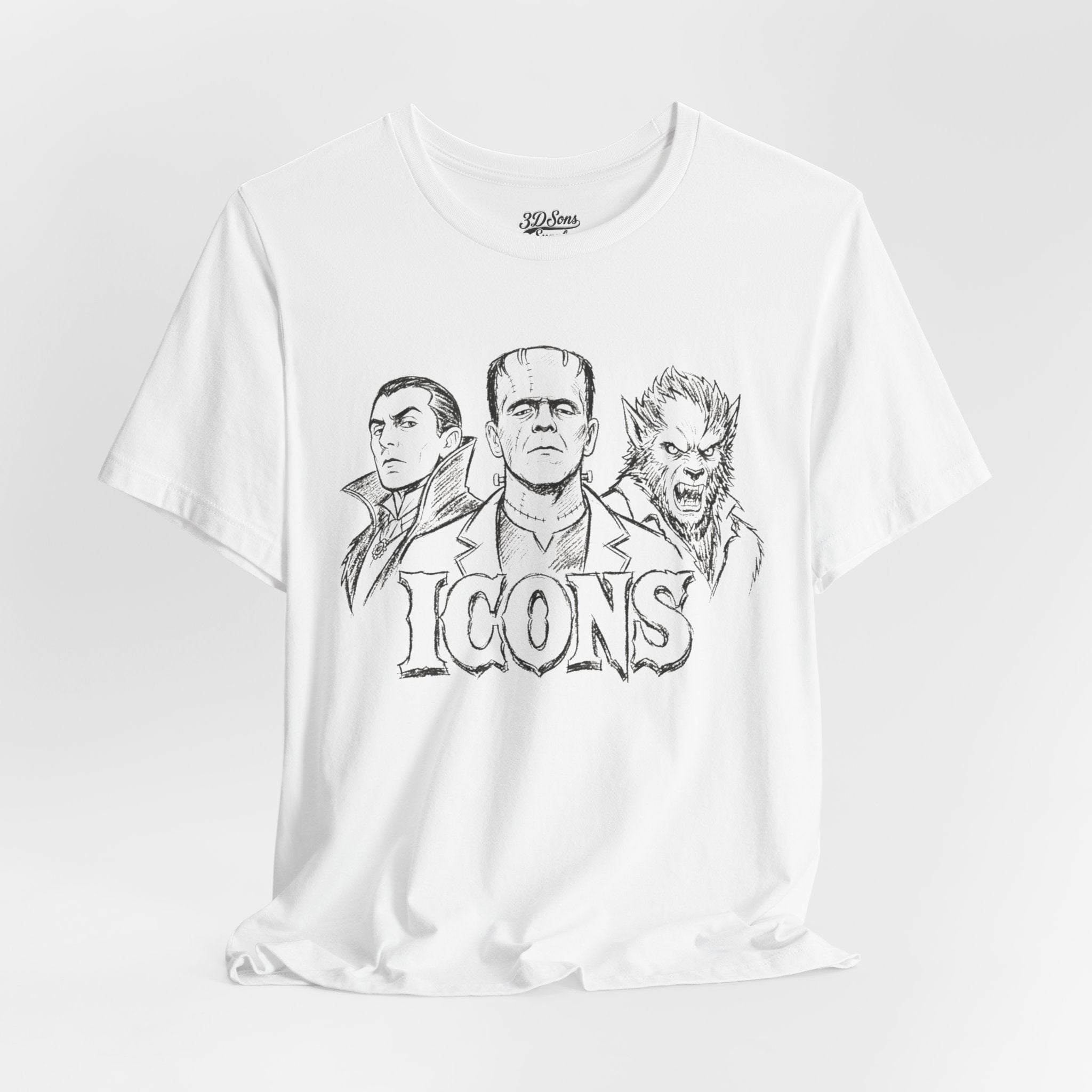 Icons Classic Monsters Tee — Dracula, Frankenstein & Werewolf Graphic T-Shirt