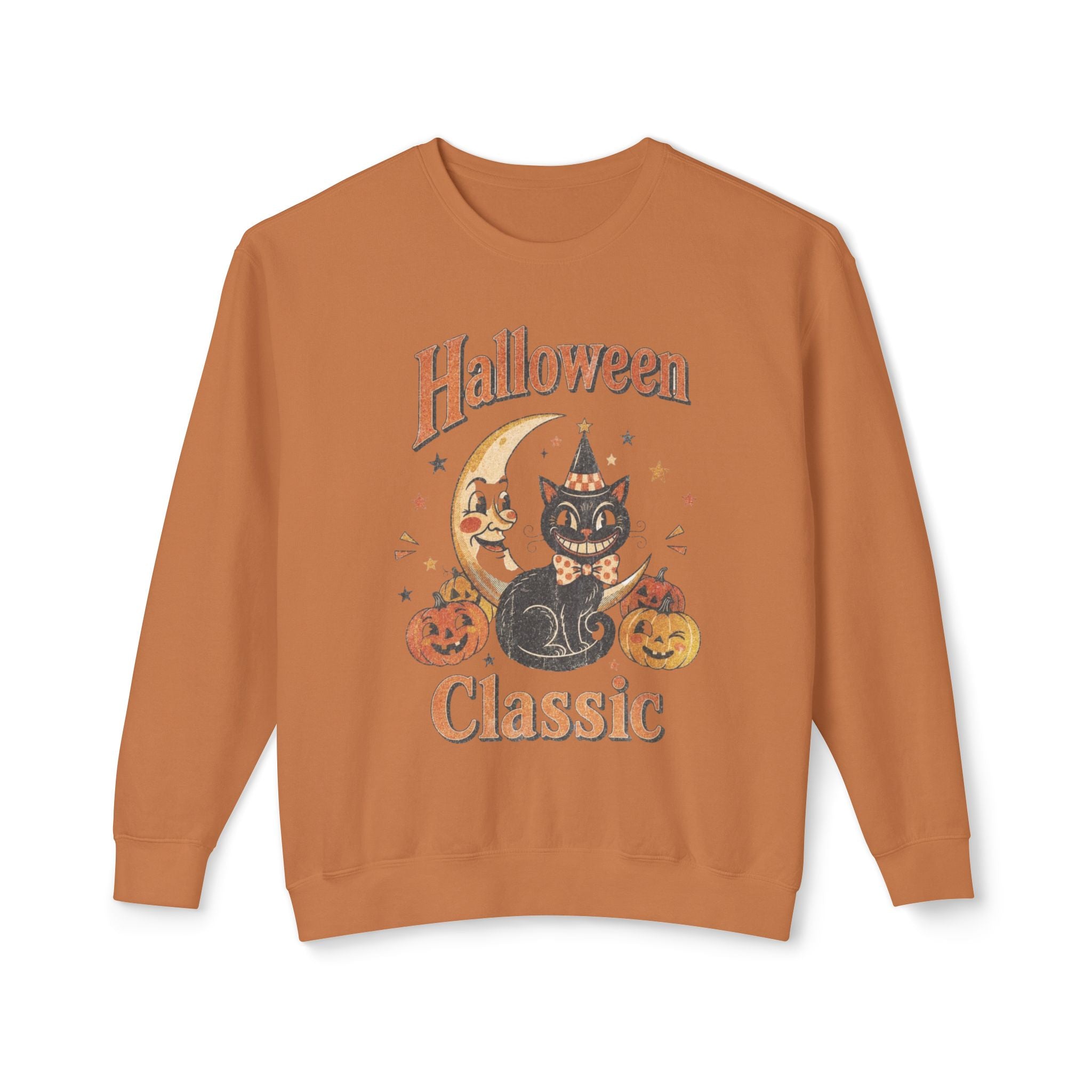 Vintage Halloween Cat Crewneck Sweatshirt | Retro Moon, Pumpkins, Witch Hat