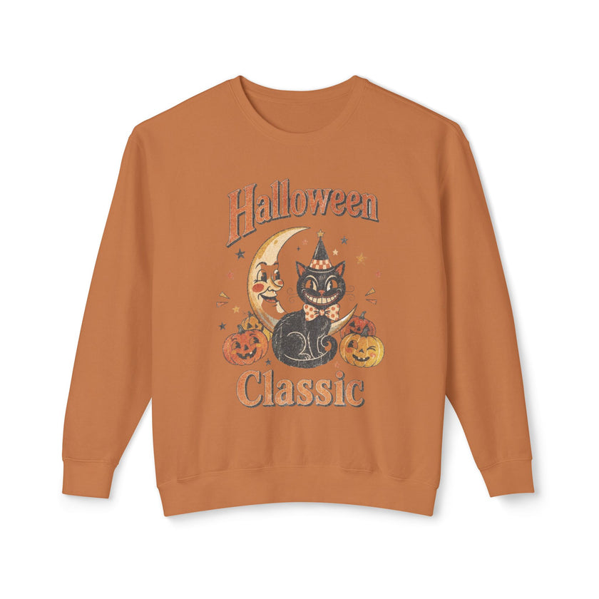 Vintage Halloween Cat Crewneck Sweatshirt | Retro Moon, Pumpkins, Witch Hat