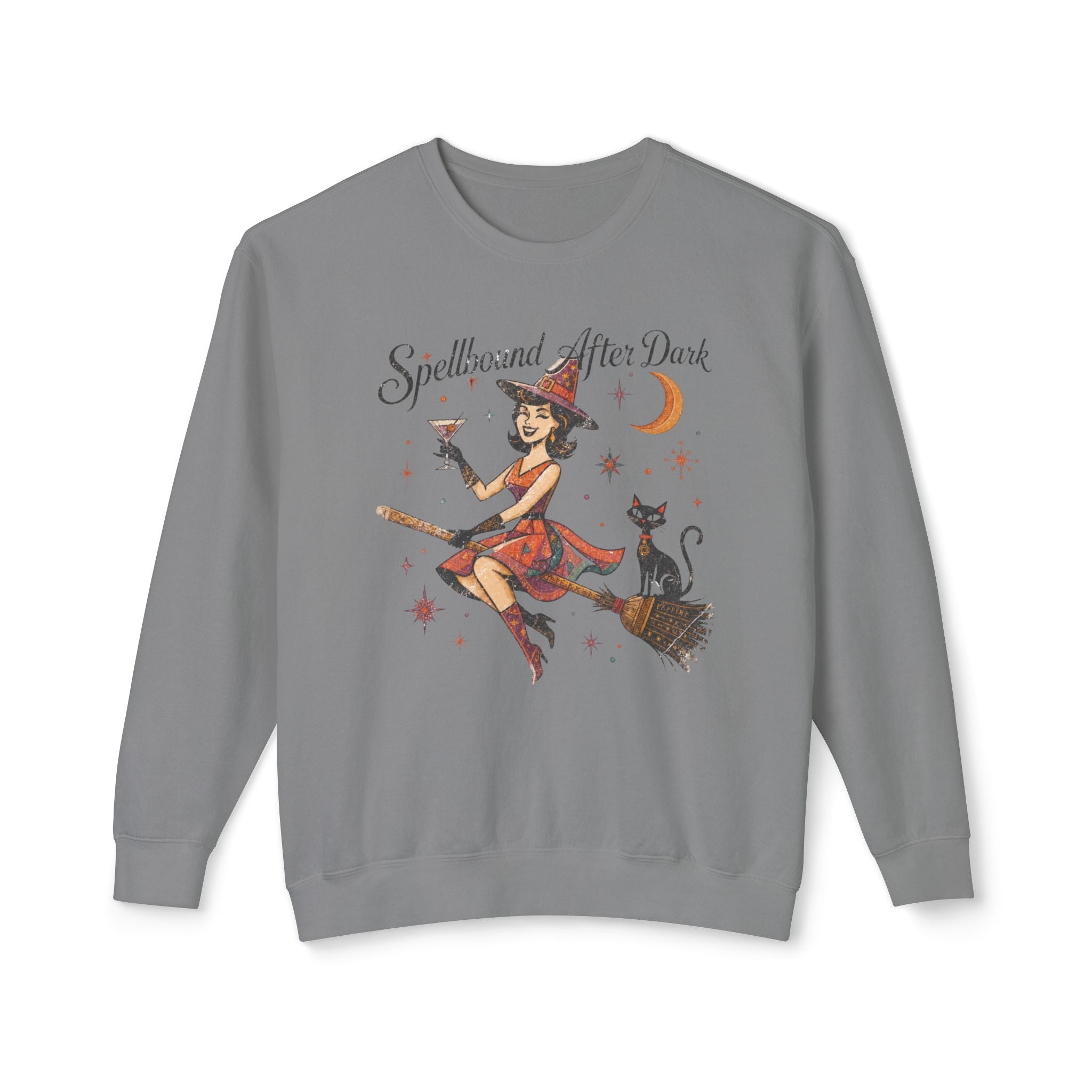 Spellbound After Dark Witch on Broom Sweatshirt | Halloween Cat Moon
