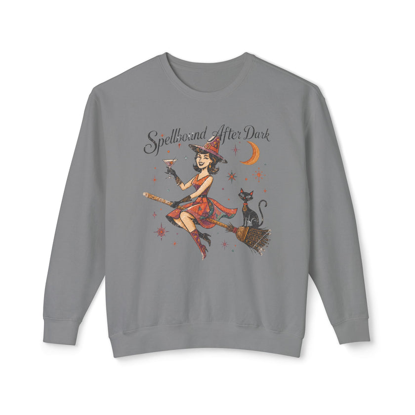 Spellbound After Dark Witch on Broom Sweatshirt | Halloween Cat Moon