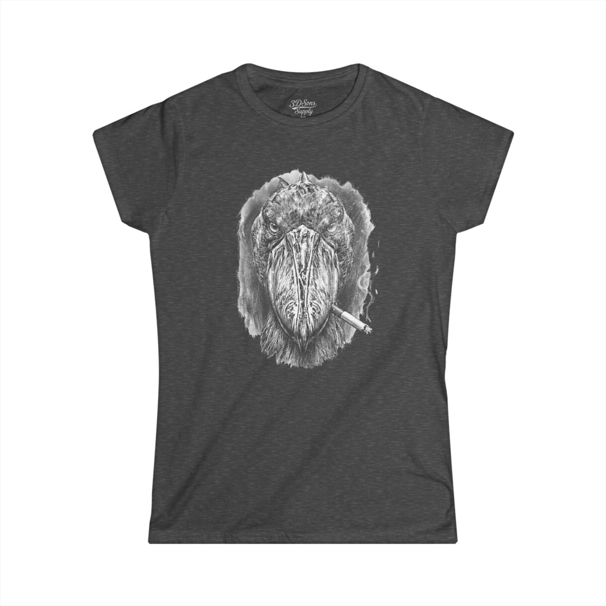 Shoebill Stork Portrait Retro Smoking Graphic Tee — Women's Softstyle T‑Shirt