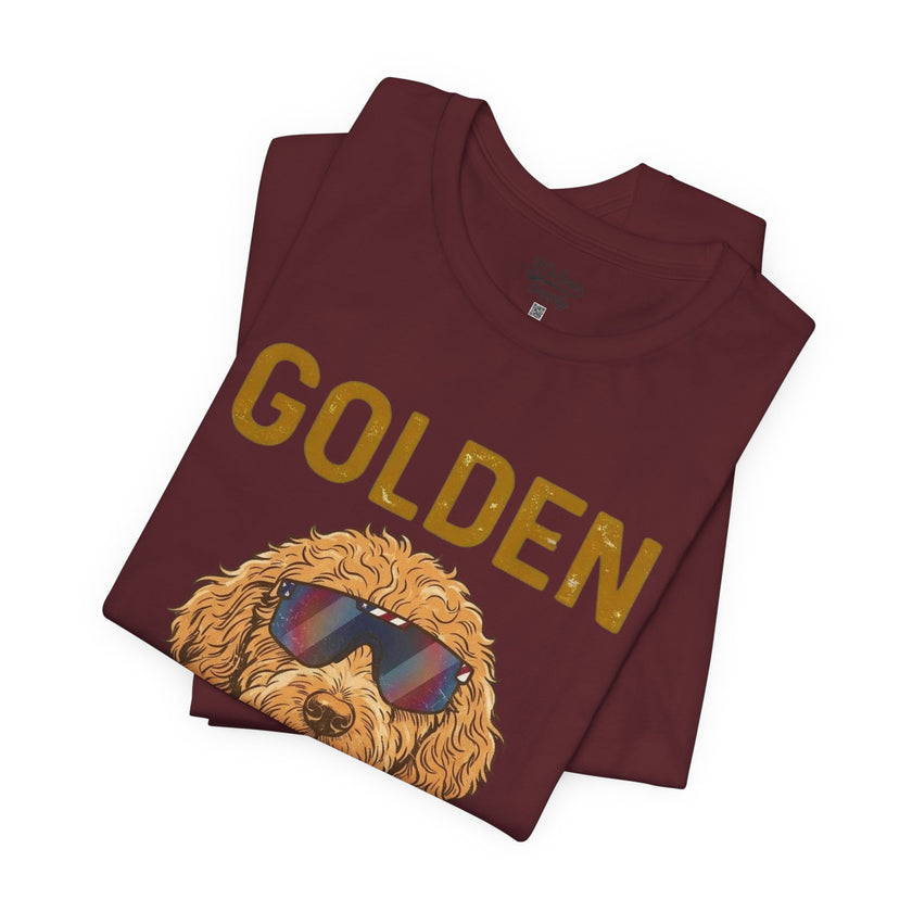 Golden Era Dog T-Shirt – American Flag Doodle with Sunglasses