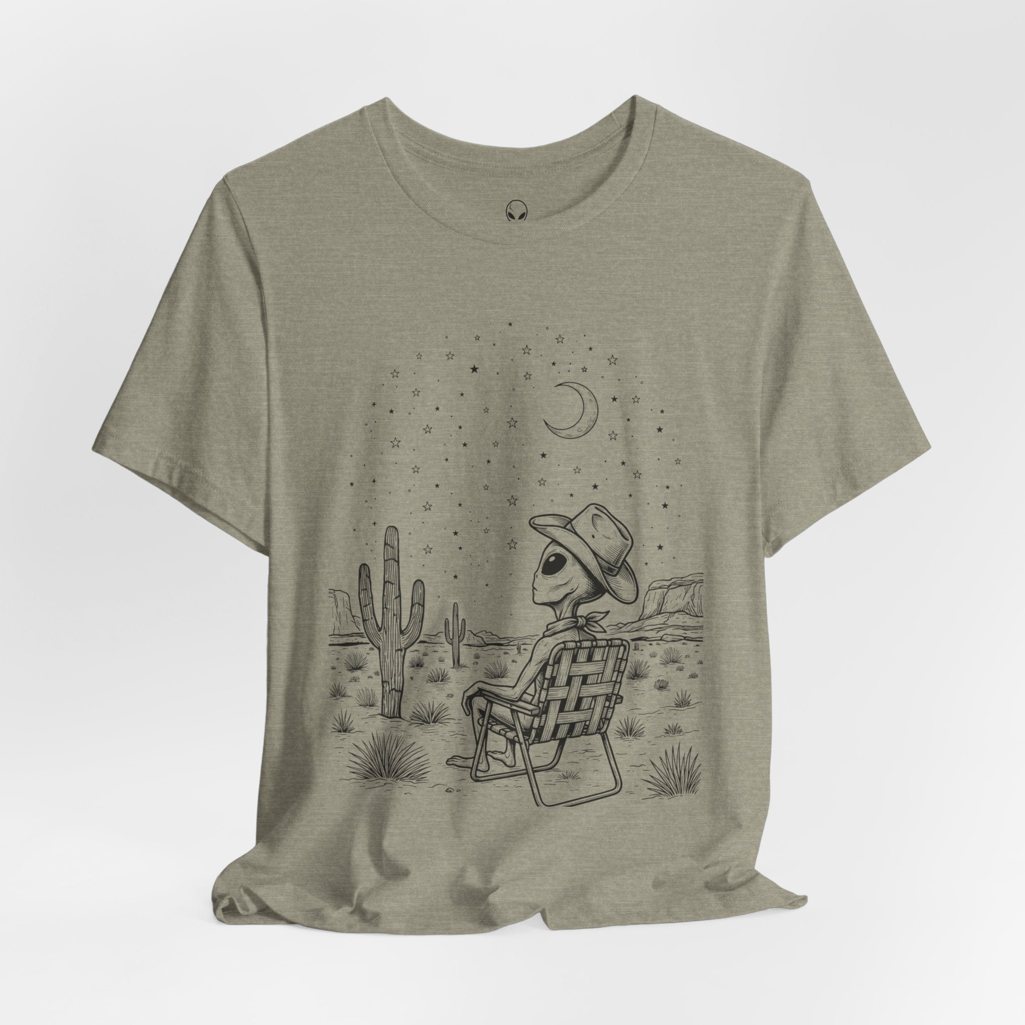 Alien Cowboy Sitting in Desert Tee | Night Sky Lawn Chair
