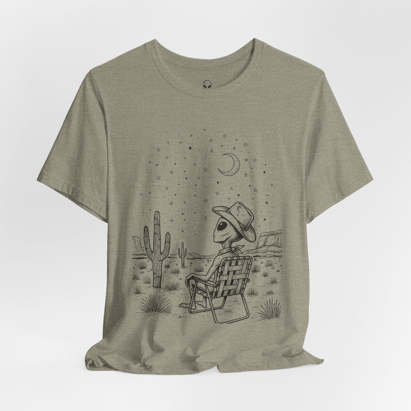 Alien Cowboy Sitting in Desert Tee | Night Sky Lawn Chair