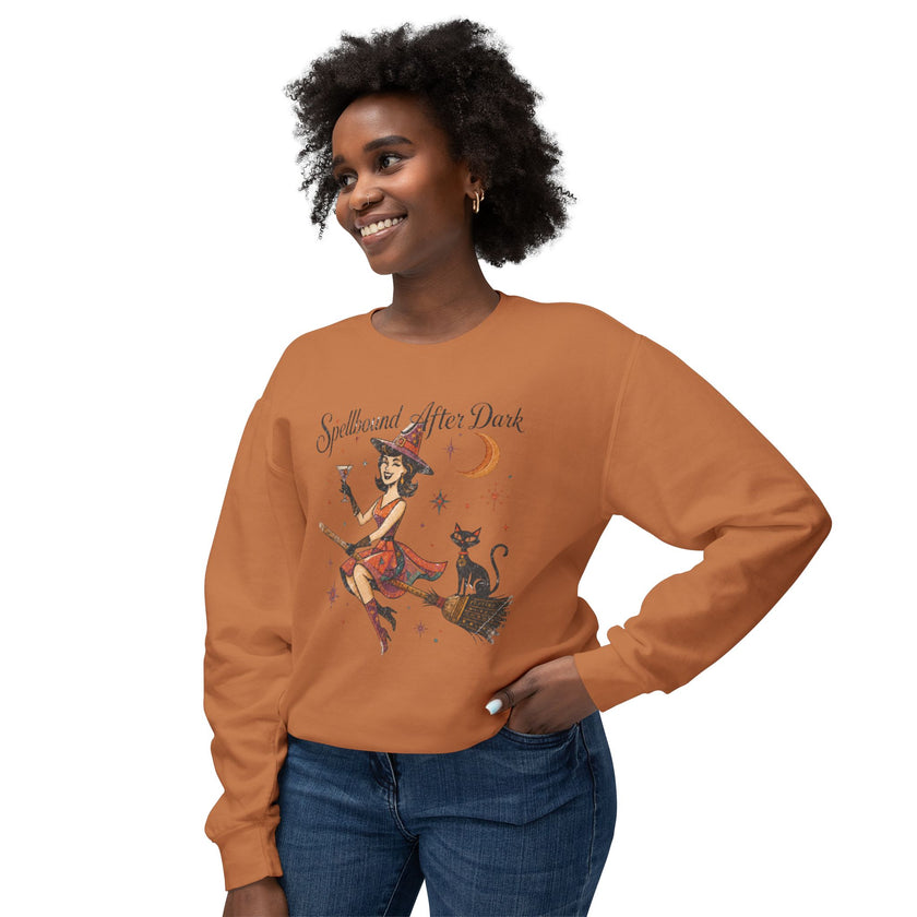 Spellbound After Dark Witch on Broom Sweatshirt | Halloween Cat Moon