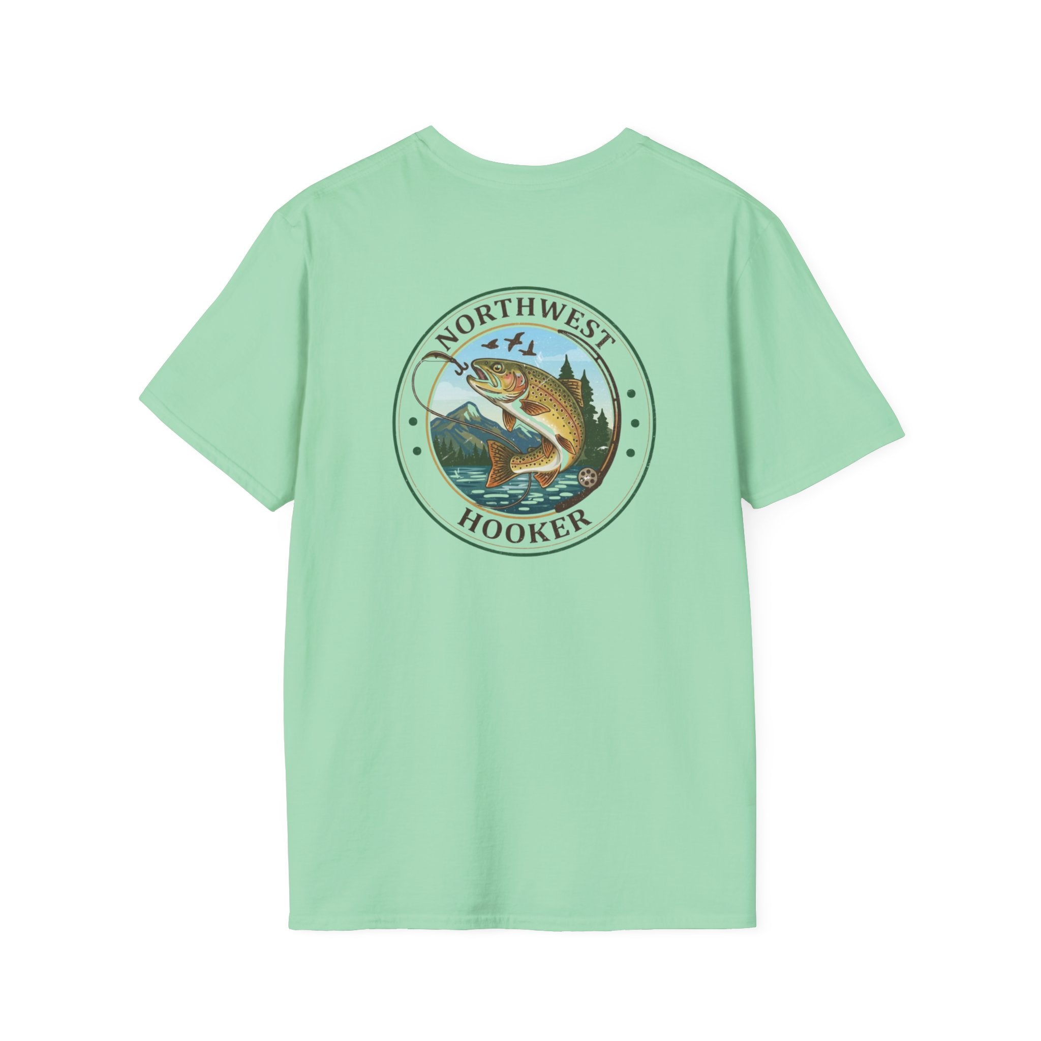 Northwest Hooker Trout Logo T-Shirt | Fishing Badge, Mountain River Design