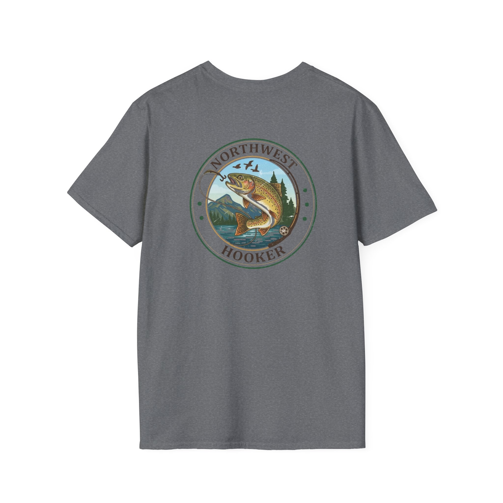 Northwest Hooker Trout Logo T-Shirt | Fishing Badge, Mountain River Design