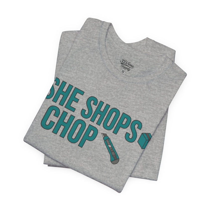 She Shops I Chop Couples T‑Shirt — Funny Husband Wife Gift