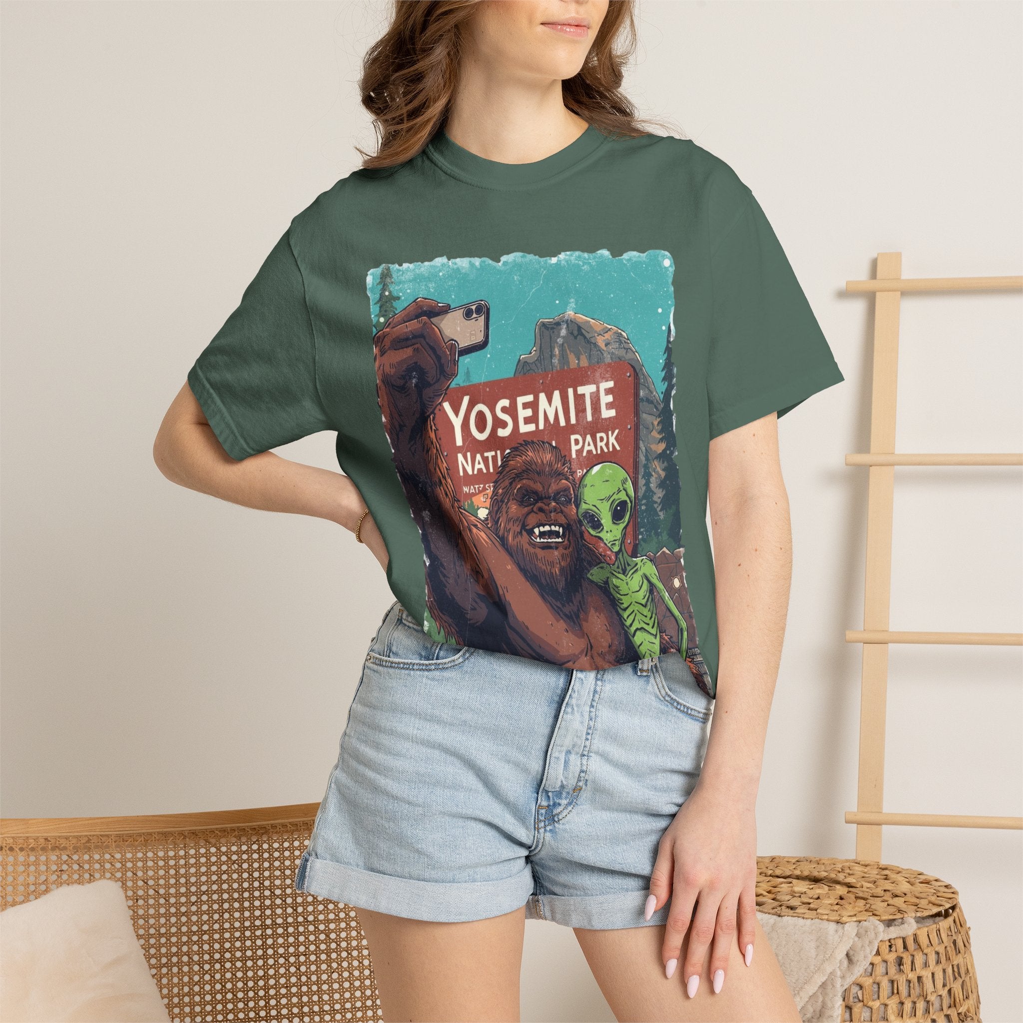 Alien & Bigfoot Yosemite T-Shirt — Camping Adventure Graphic Tee