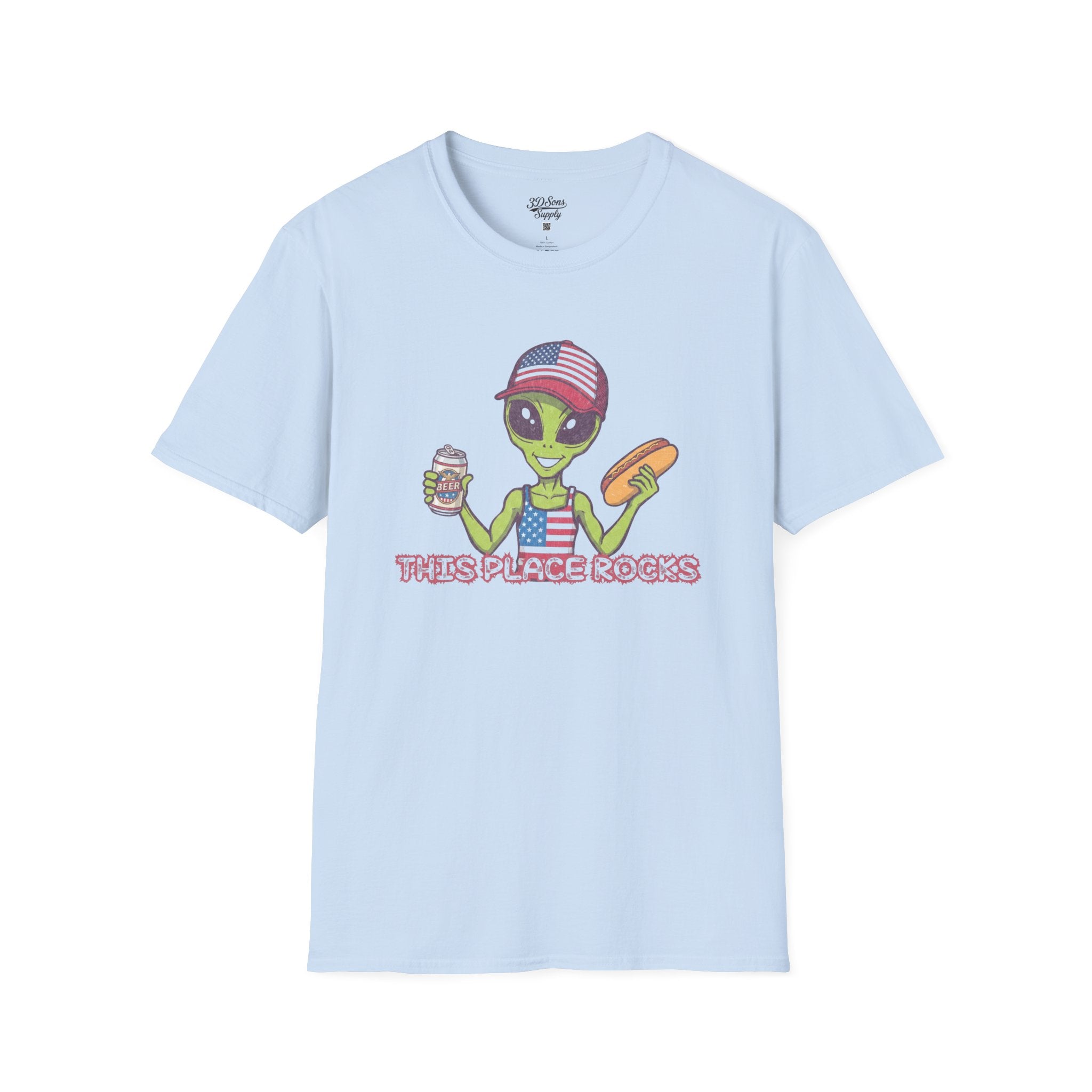 American Alien with Hot Dog and Beer T-Shirt | USA Flag Cap Fourth of July