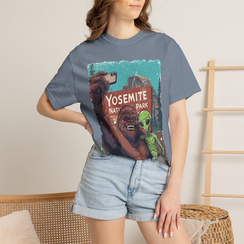 Alien & Bigfoot Yosemite T-Shirt — Camping Adventure Graphic Tee