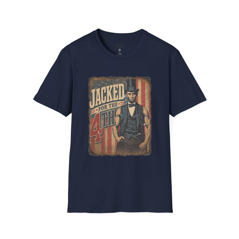 Jacked for July 4th T-Shirt | Patriotic Buff Abraham Lincoln Flag Design
