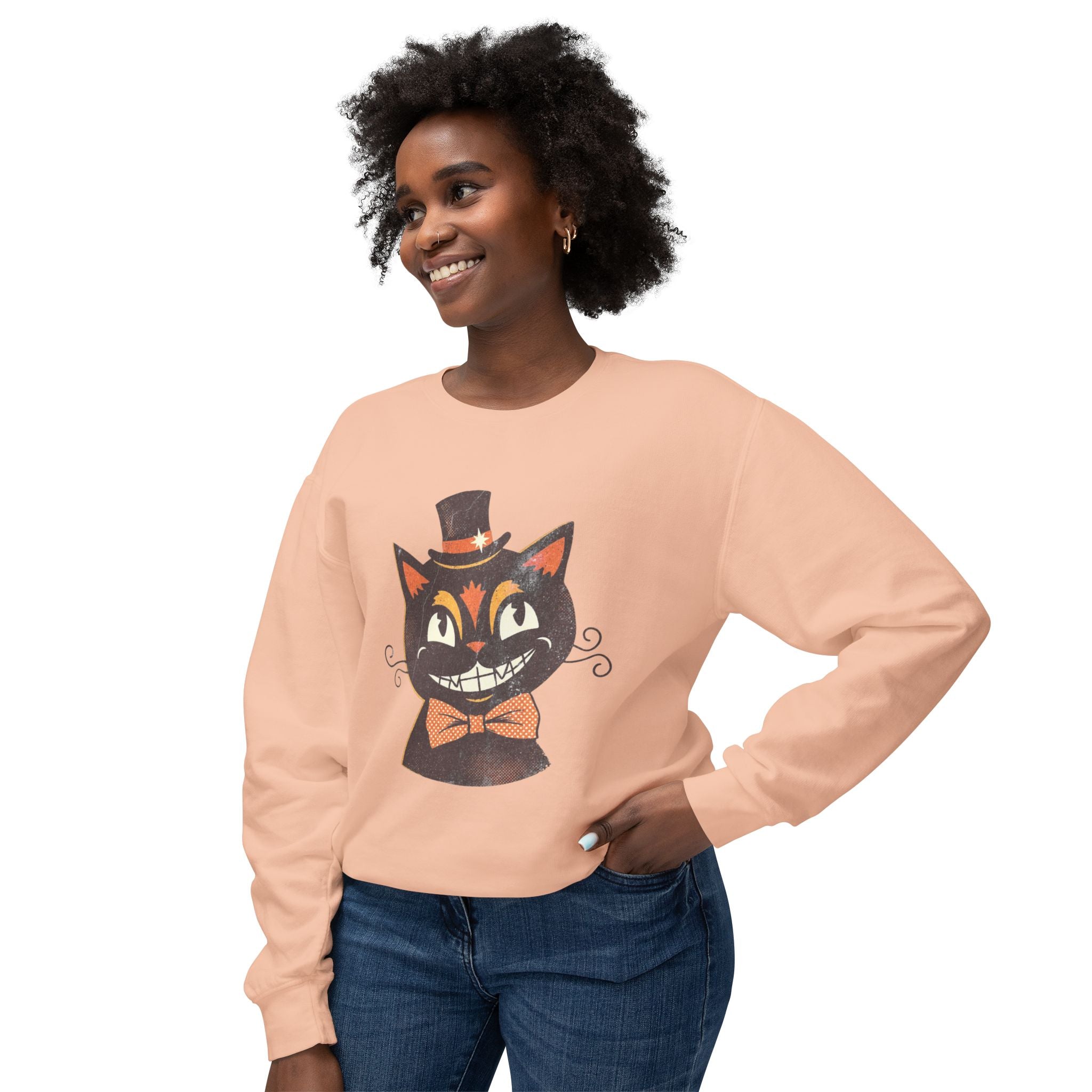 Vintage Smiling Black Cat Crewneck Sweatshirt | Halloween Top
