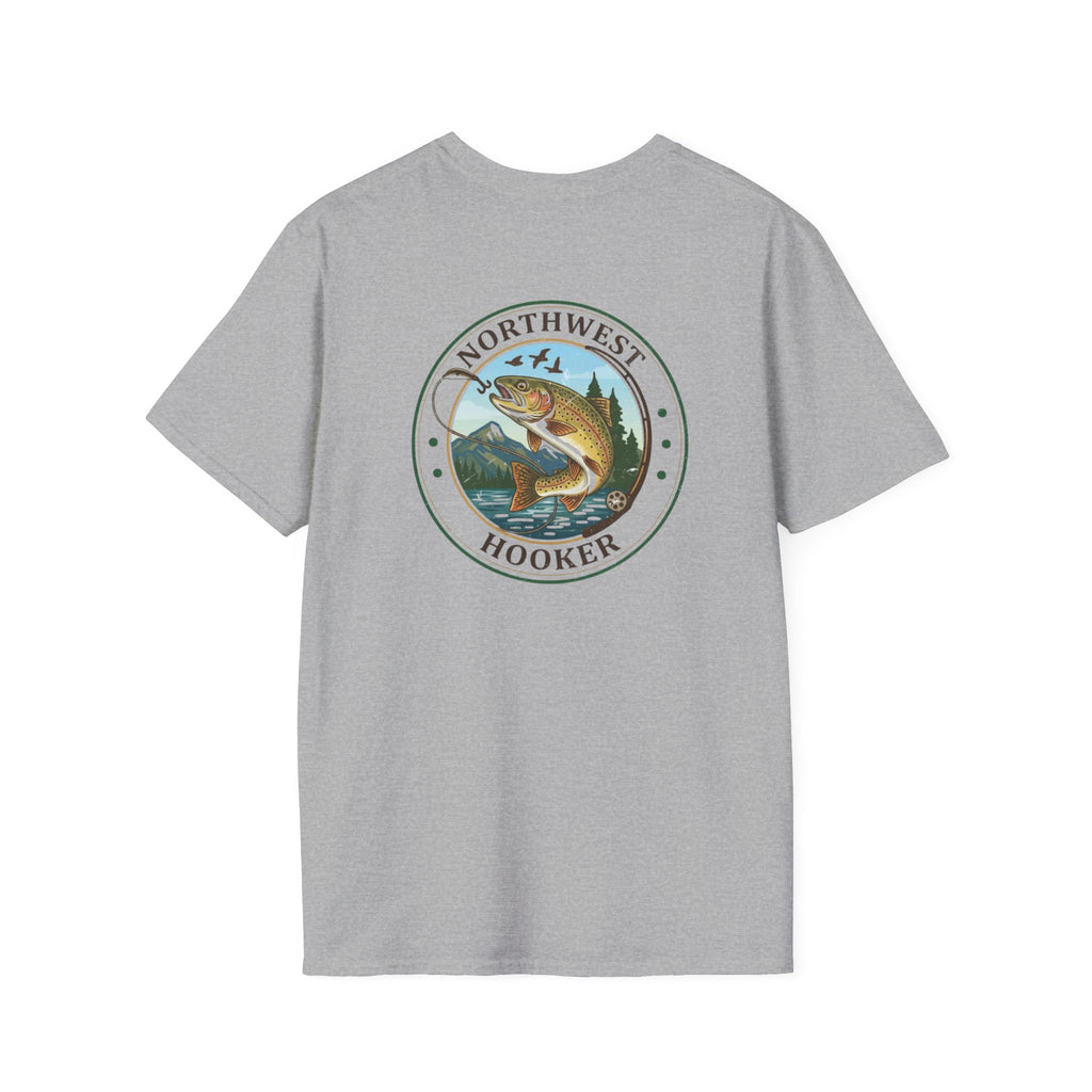 Northwest Hooker Trout Logo T-Shirt | Fishing Badge, Mountain River Design