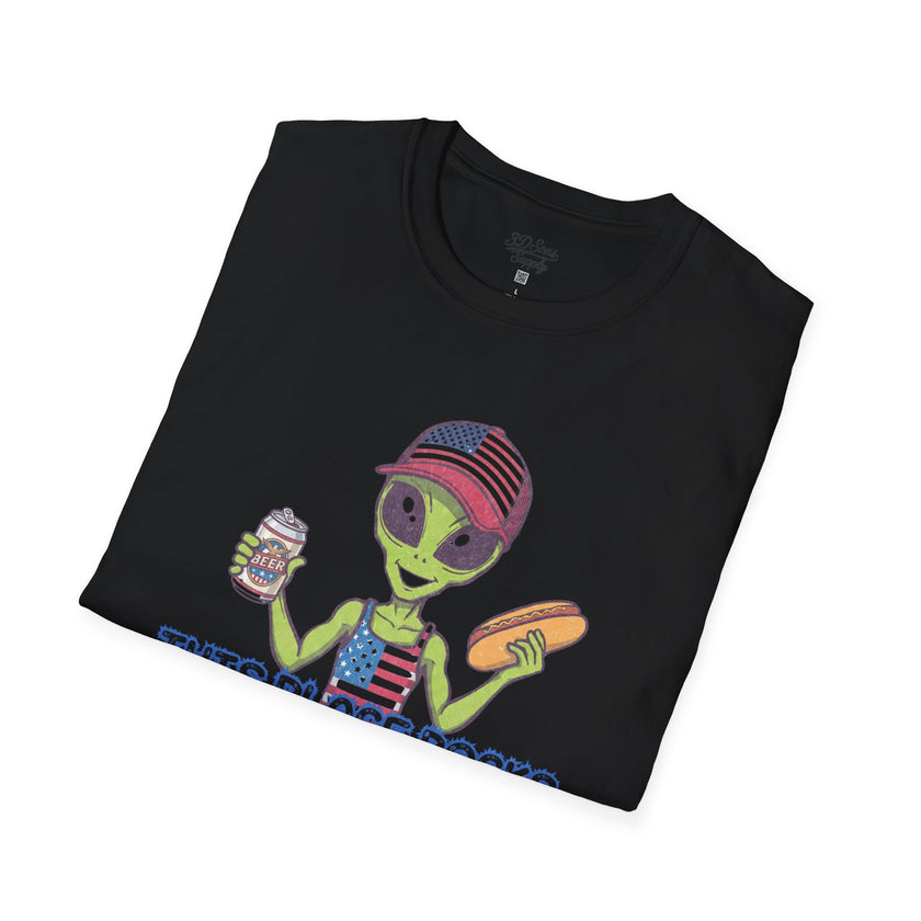 American Alien with Hot Dog and Beer T-Shirt | USA Flag Cap Fourth of July