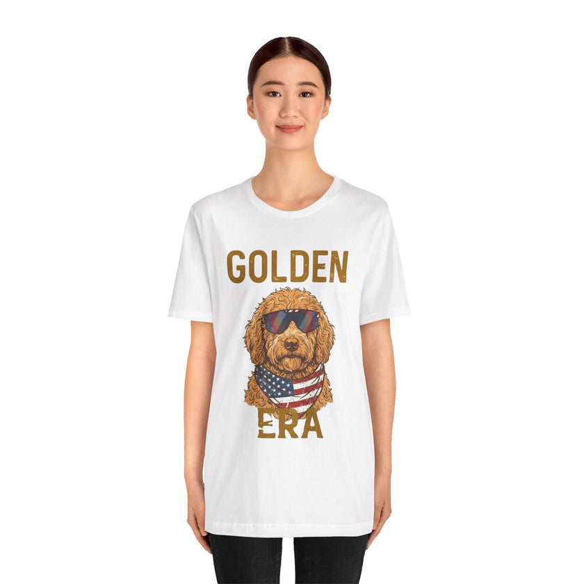 Golden Era Dog T-Shirt – American Flag Doodle with Sunglasses