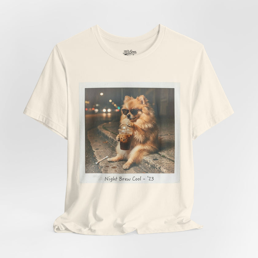 Iced Coffee Night Dog Tee — Late-Night Curb Pomeranian Graphic T-Shirt