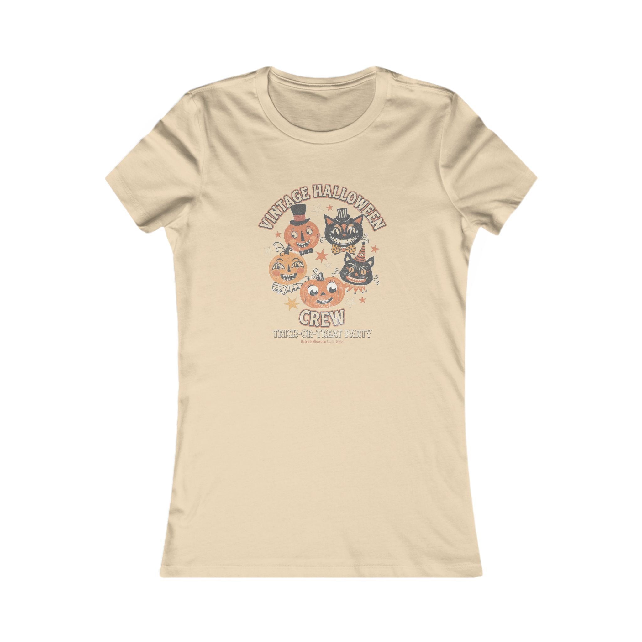 Women's Vintage Halloween Tee - 'Vintage Halloween Crew' Cute Pumpkin & Cat Graphic
