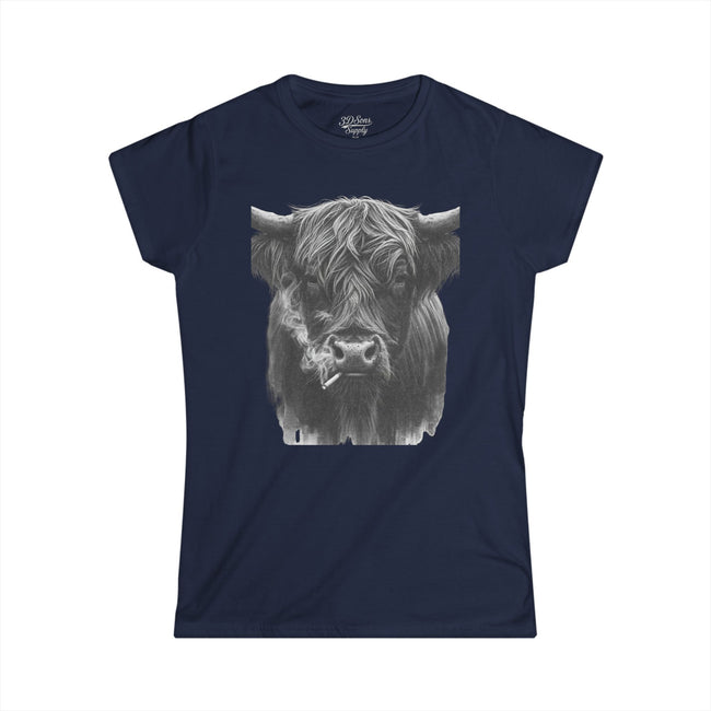 Women’s Softstyle Tee — Highland Cow Smoking Graphic