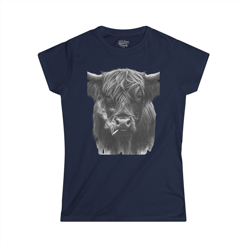 Women’s Softstyle Tee — Highland Cow Smoking Graphic
