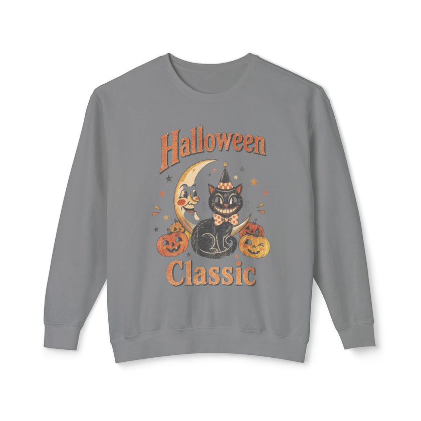 Vintage Halloween Cat Crewneck Sweatshirt | Retro Moon, Pumpkins, Witch Hat