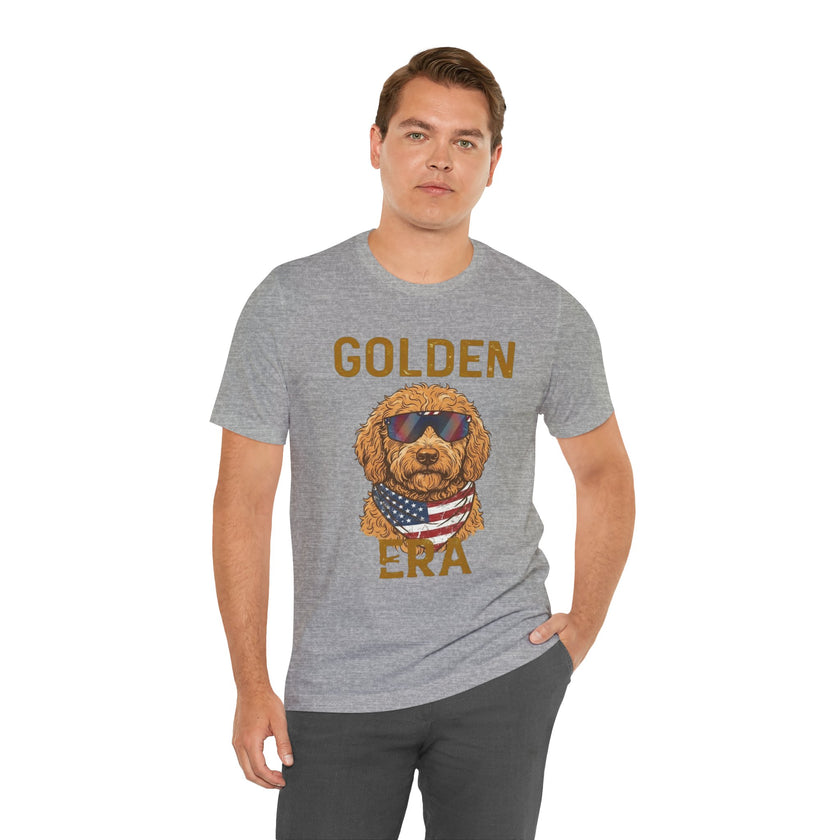 Golden Era Dog T-Shirt – American Flag Doodle with Sunglasses