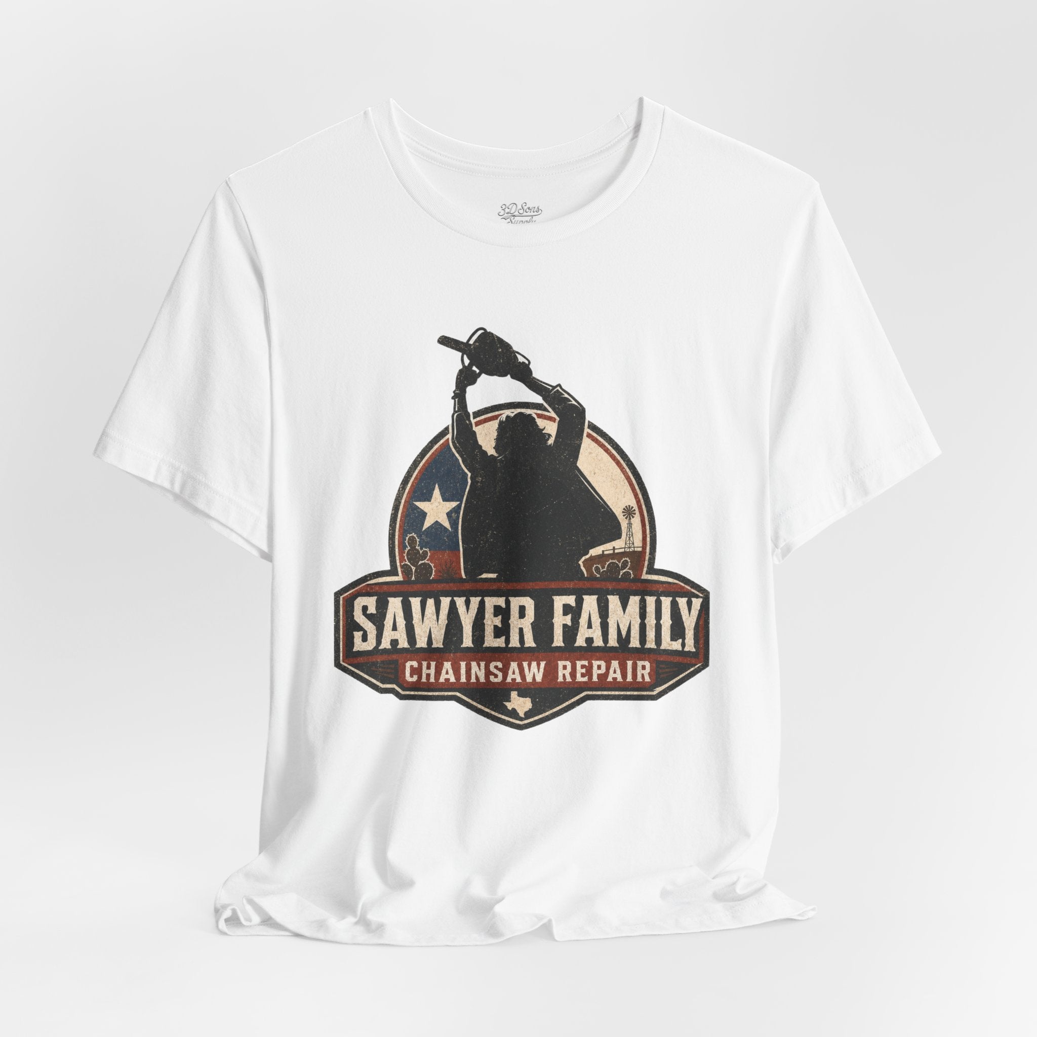 Sawyer Family Chainsaw Repair Graphic Tee — Vintage Horror Movie Logo T-Shirt