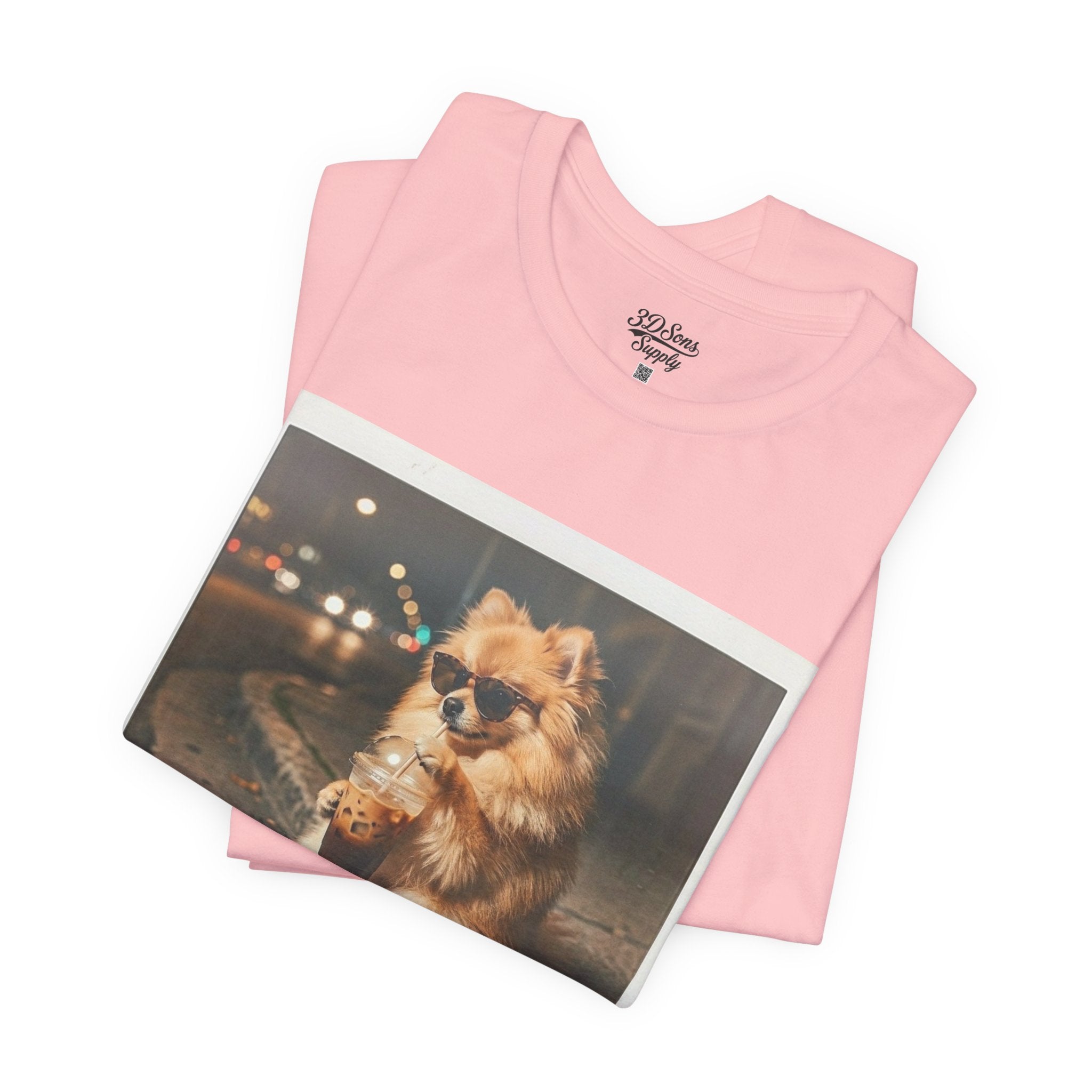Iced Coffee Night Dog Tee — Late-Night Curb Pomeranian Graphic T-Shirt