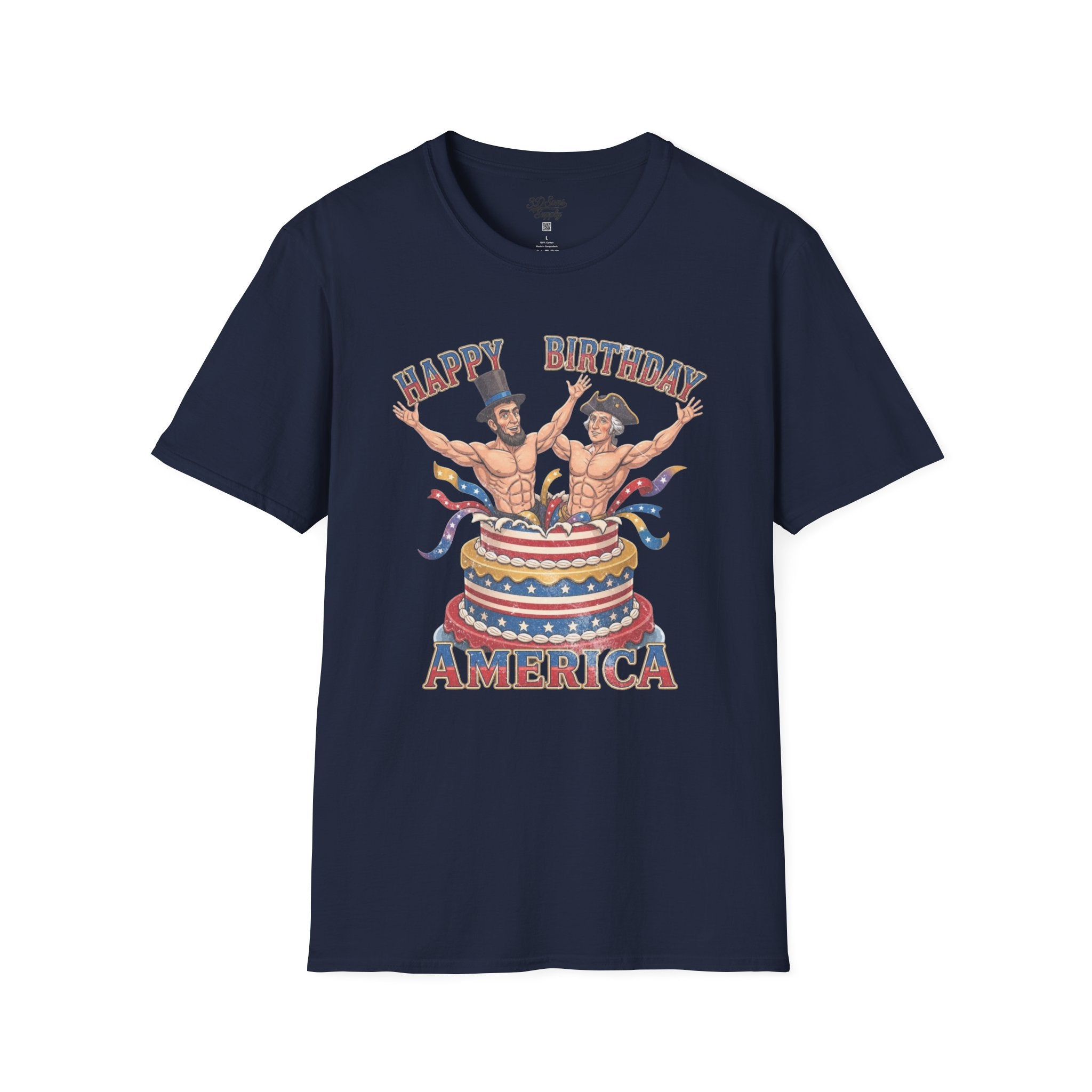 Buff Abraham Lincoln and George Washington Jumping Out of Birthday Cake T-Shirt | 4th of July Patriotic