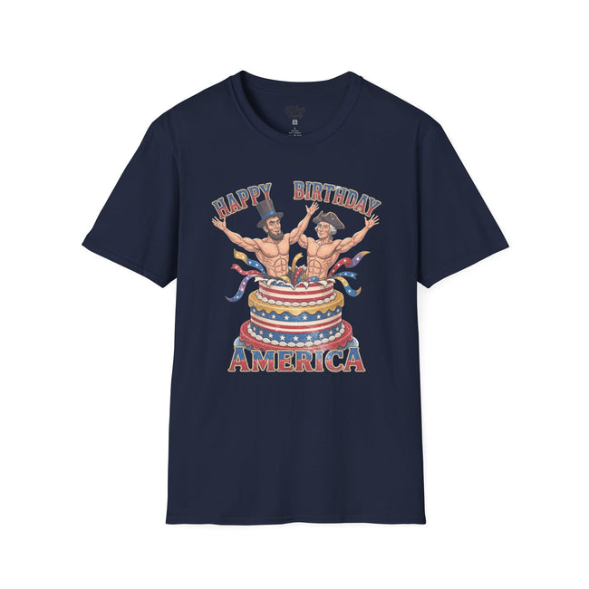 Buff Abraham Lincoln and George Washington Jumping Out of Birthday Cake T-Shirt | 4th of July Patriotic