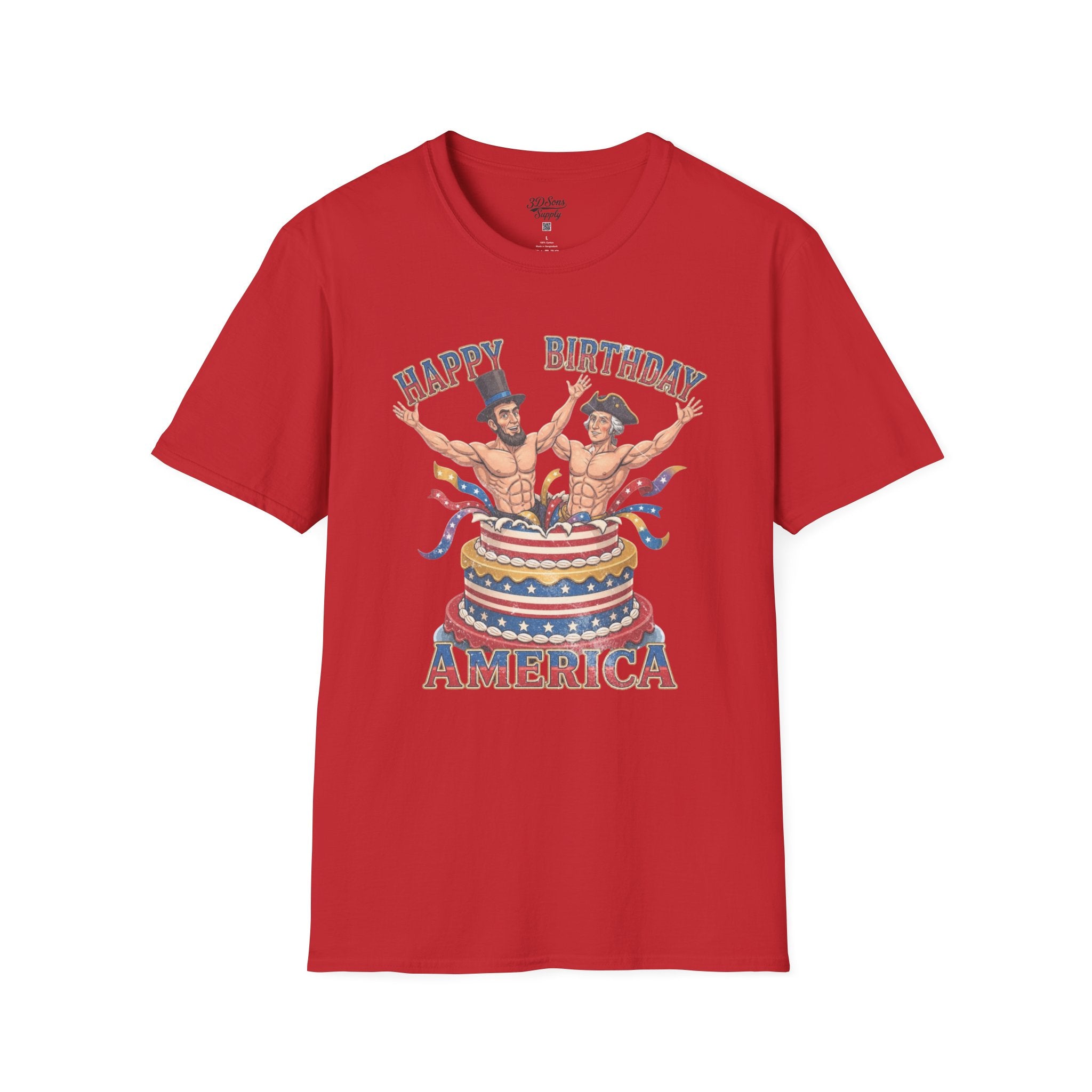 Buff Abraham Lincoln and George Washington Jumping Out of Birthday Cake T-Shirt | 4th of July Patriotic