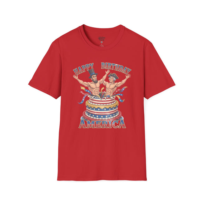Buff Abraham Lincoln and George Washington Jumping Out of Birthday Cake T-Shirt | 4th of July Patriotic
