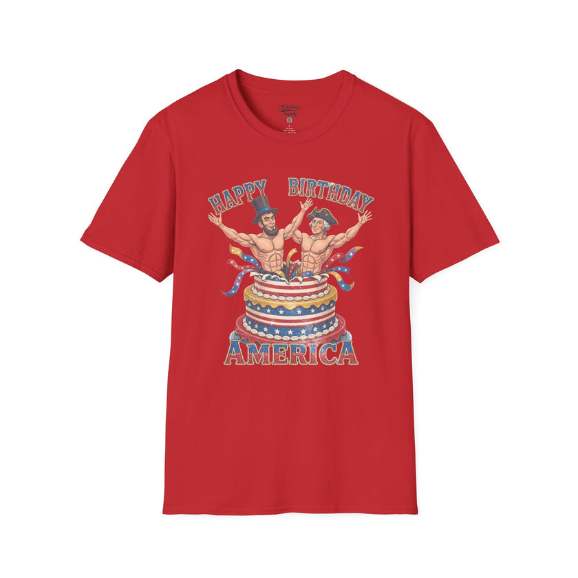 Buff Abraham Lincoln and George Washington Jumping Out of Birthday Cake T-Shirt | 4th of July Patriotic