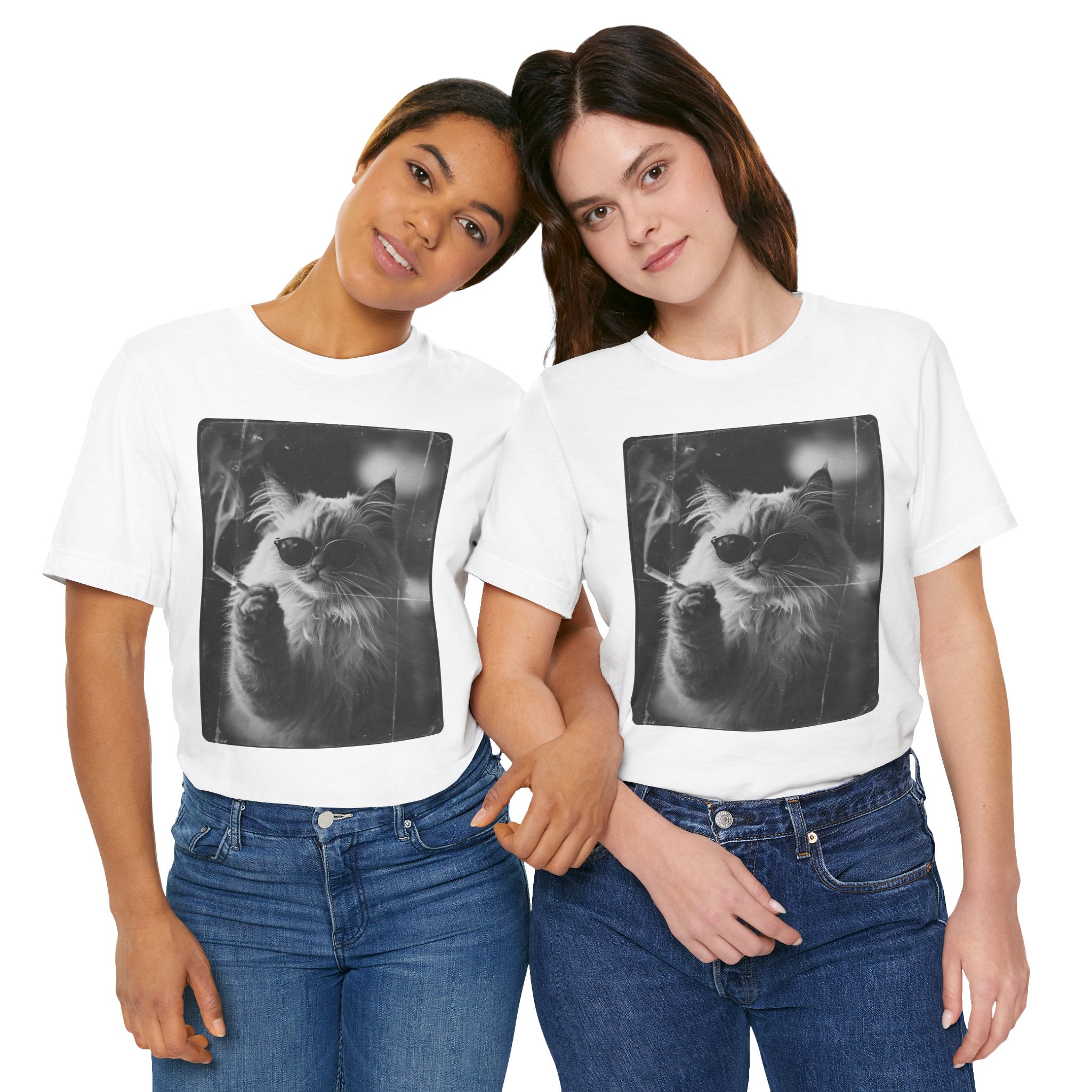 Smoking Cool Cat Portrait T-Shirt | Black & White Photo Cat Tee