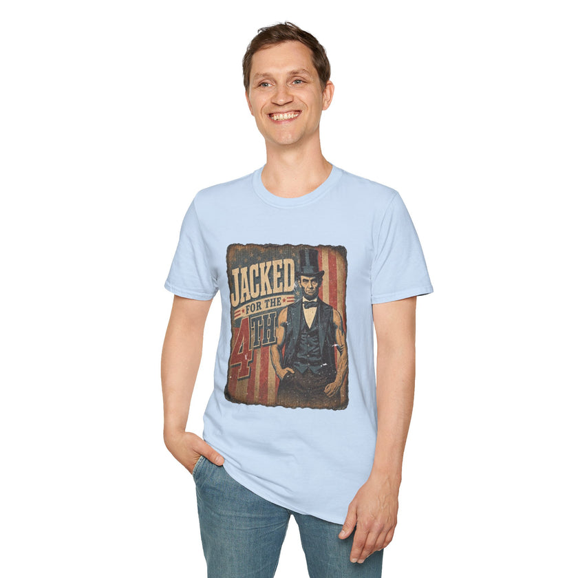 Jacked for July 4th T-Shirt | Patriotic Buff Abraham Lincoln Flag Design